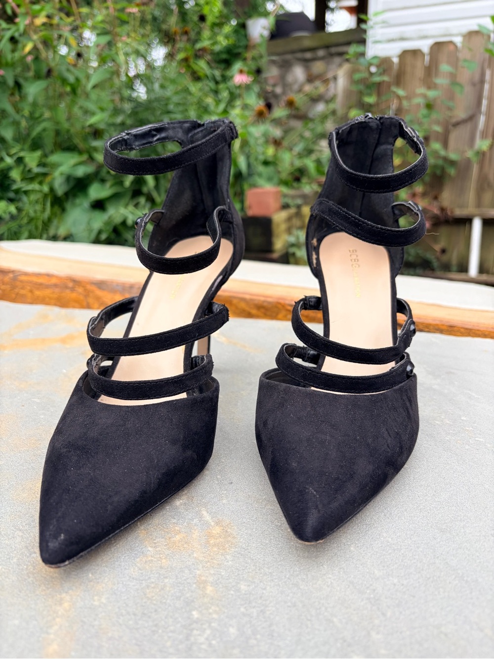 BCBGeneration Black Multi-Strap Pointed-Toe Heels